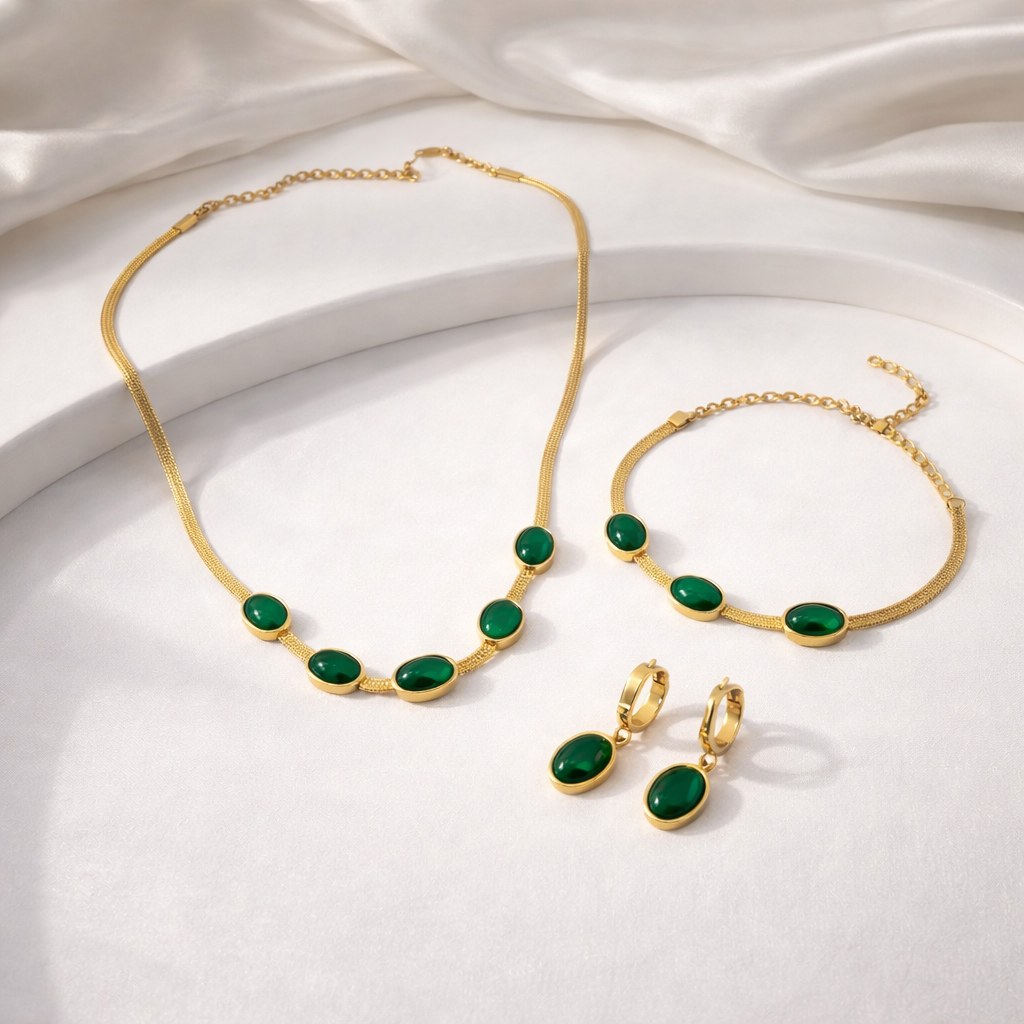 Oval Green Crystal Necklace Set with Bracelet & Earrings (Gold Finish)