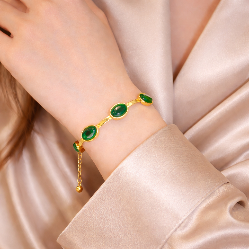 Oval Green Crystal Necklace Set with Bracelet & Earrings (Gold Finish)