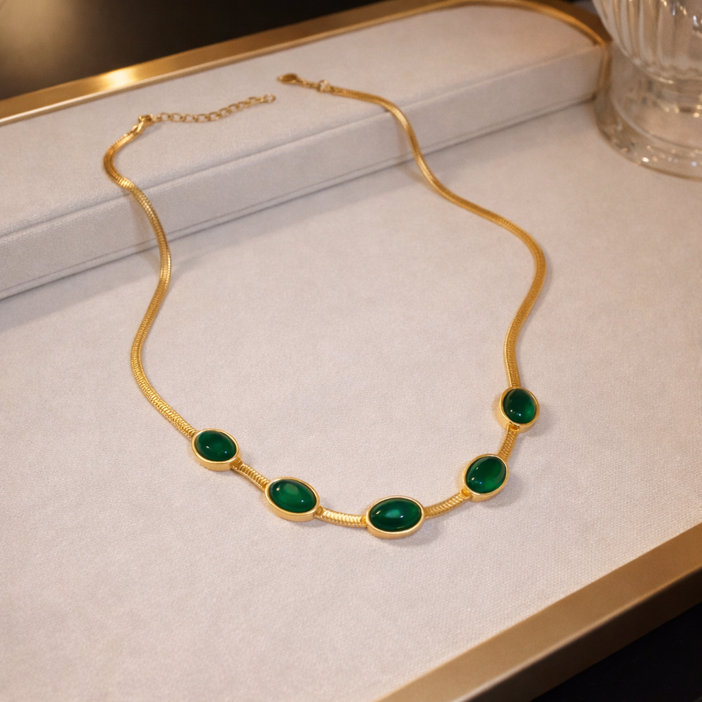Oval Green Crystal Necklace Set with Bracelet & Earrings (Gold Finish)