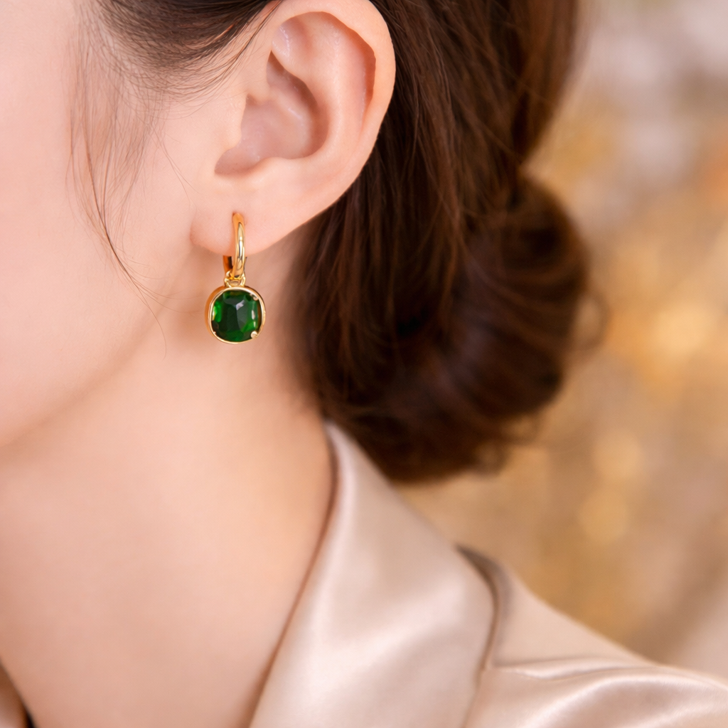 Oval Green Crystal Necklace Set with Bracelet & Earrings (Gold Finish)