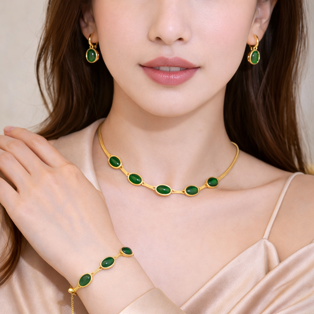 Oval Green Crystal Necklace Set with Bracelet & Earrings (Gold Finish)