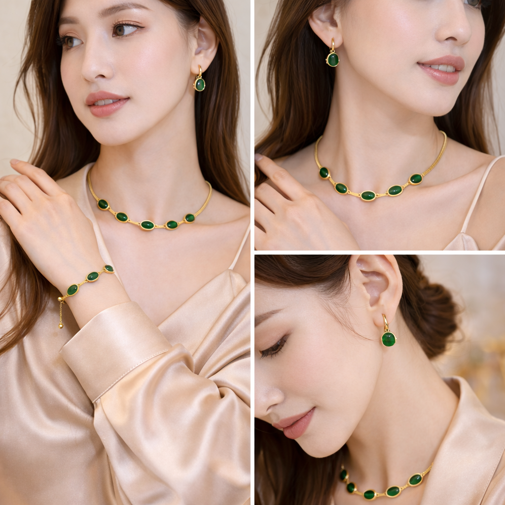 Oval Green Crystal Necklace Set with Bracelet & Earrings (Gold Finish)