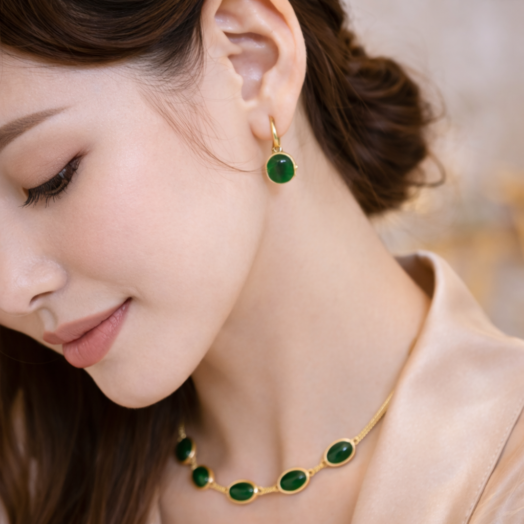 Oval Green Crystal Necklace Set with Bracelet & Earrings (Gold Finish)