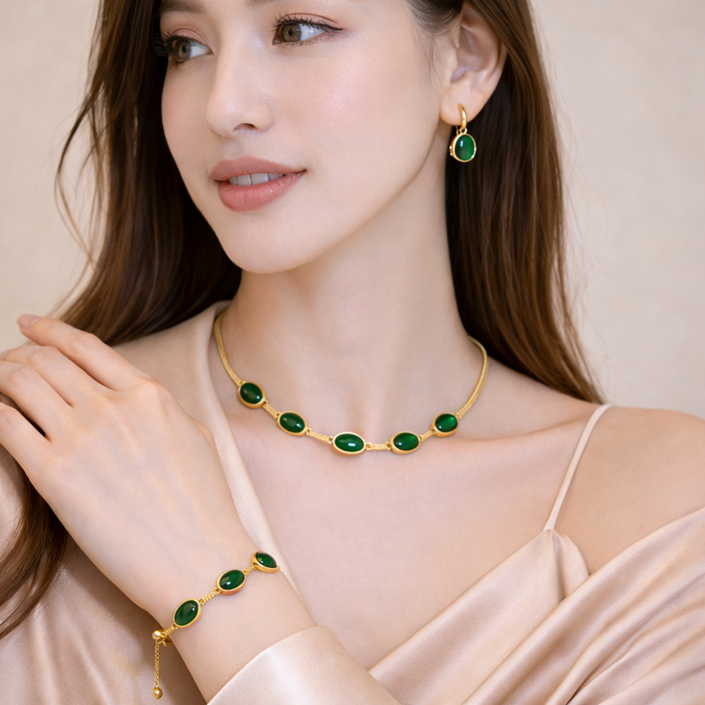 Oval Green Crystal Necklace Set with Bracelet & Earrings (Gold Finish)