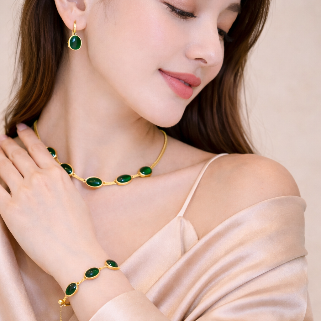 Oval Green Crystal Necklace Set with Bracelet & Earrings (Gold Finish)